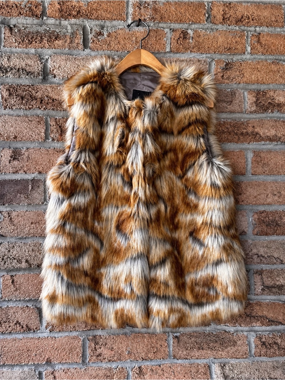 Forever 21 Faux Fur Vest Multicolor Brown Cream Fully Lined Y2K Size S